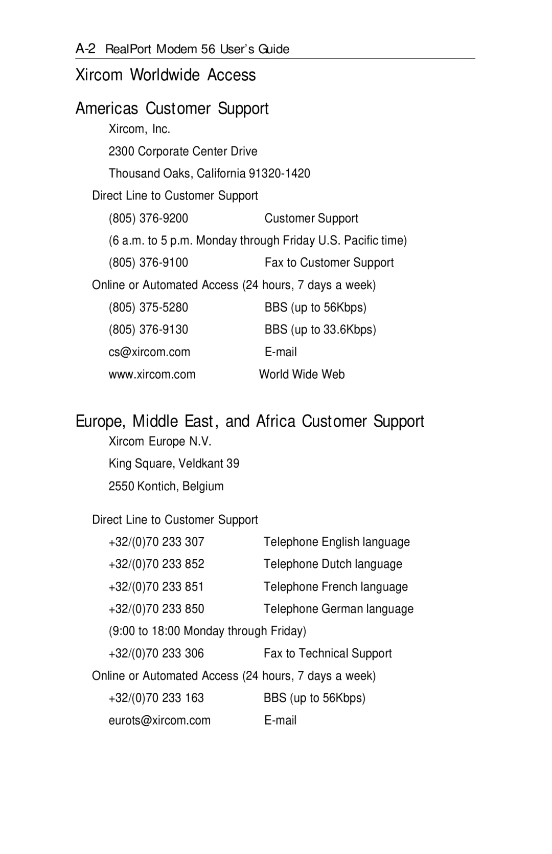 Xircom RM56V1 manual Xircom Worldwide Access Americas Customer Support, Europe, Middle East, and Africa Customer Support 