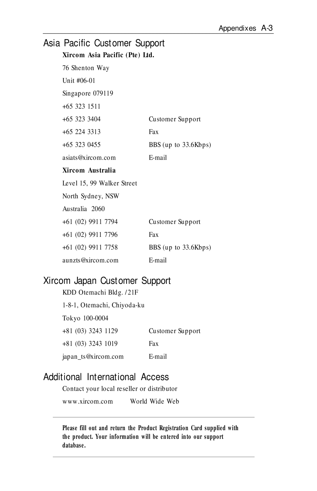 Xircom RM56V1 manual Asia Pacific Customer Support, Xircom Japan Customer Support, Additional International Access 