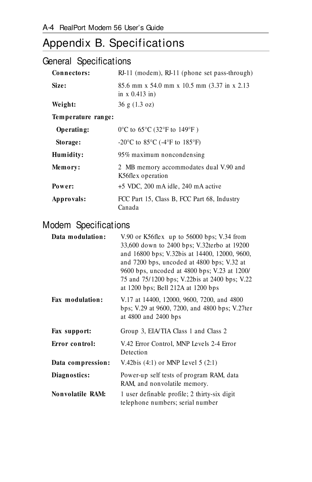 Xircom RM56V1 manual Appendix B. Specifications, General Specifications, Modem Specifications 