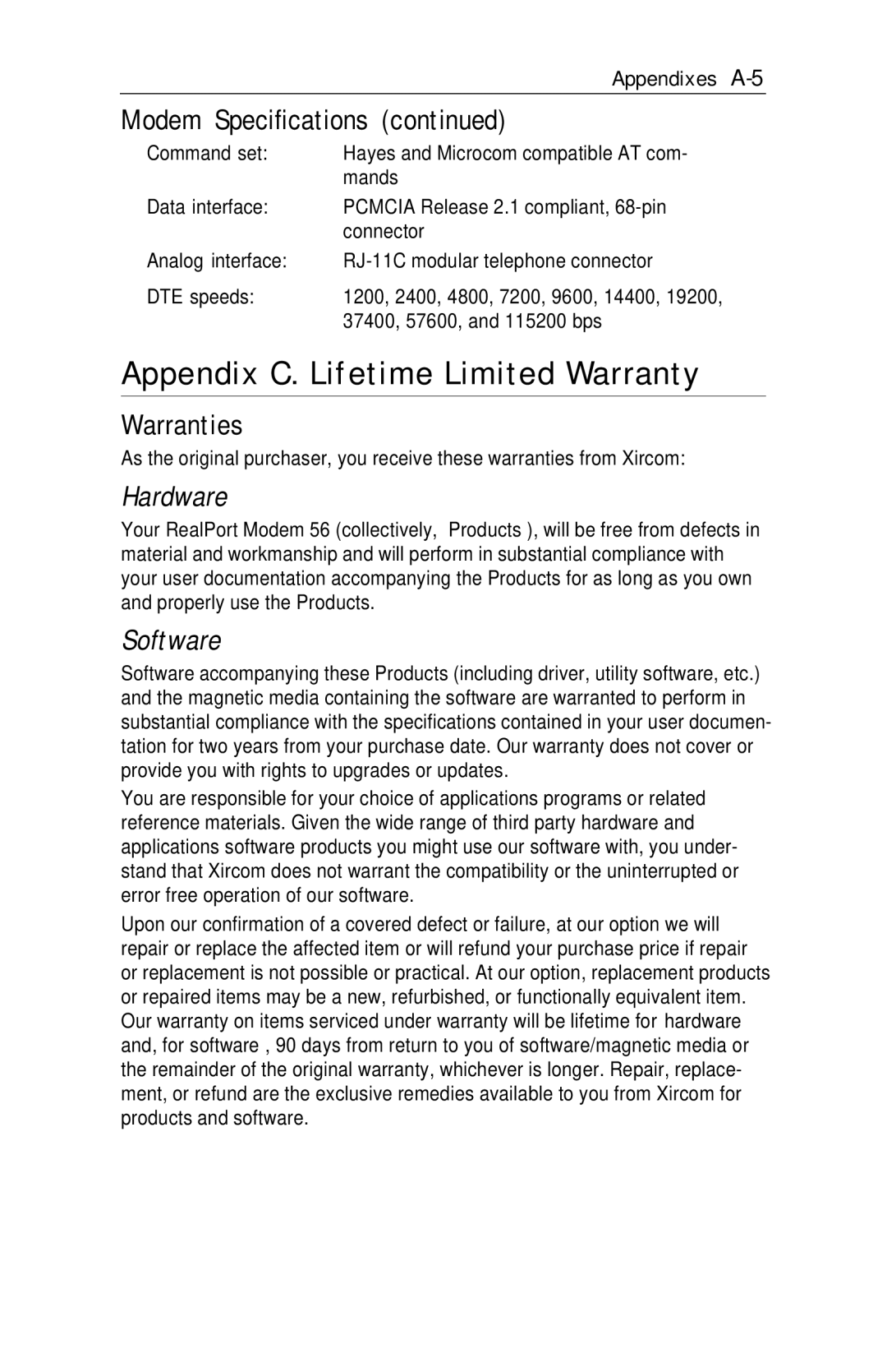 Xircom RM56V1 manual Appendix C. Lifetime Limited Warranty, Warranties 