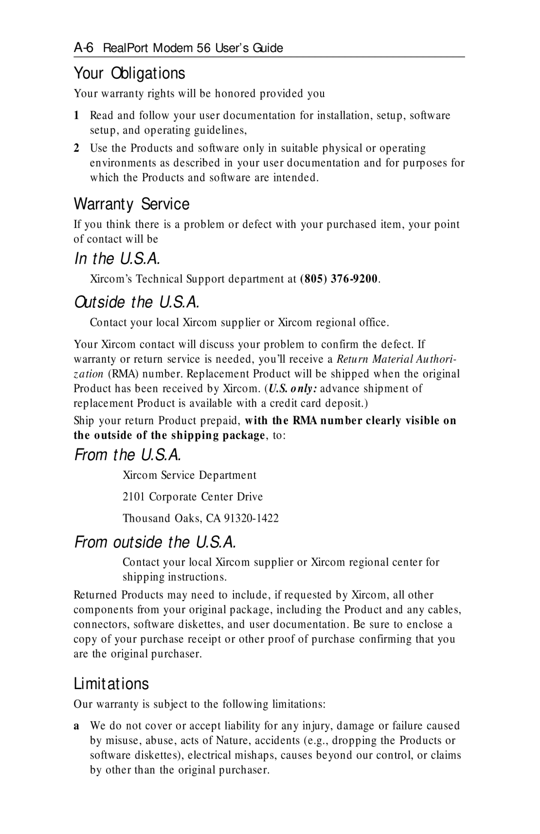 Xircom RM56V1 manual Your Obligations, Warranty Service, Limitations 