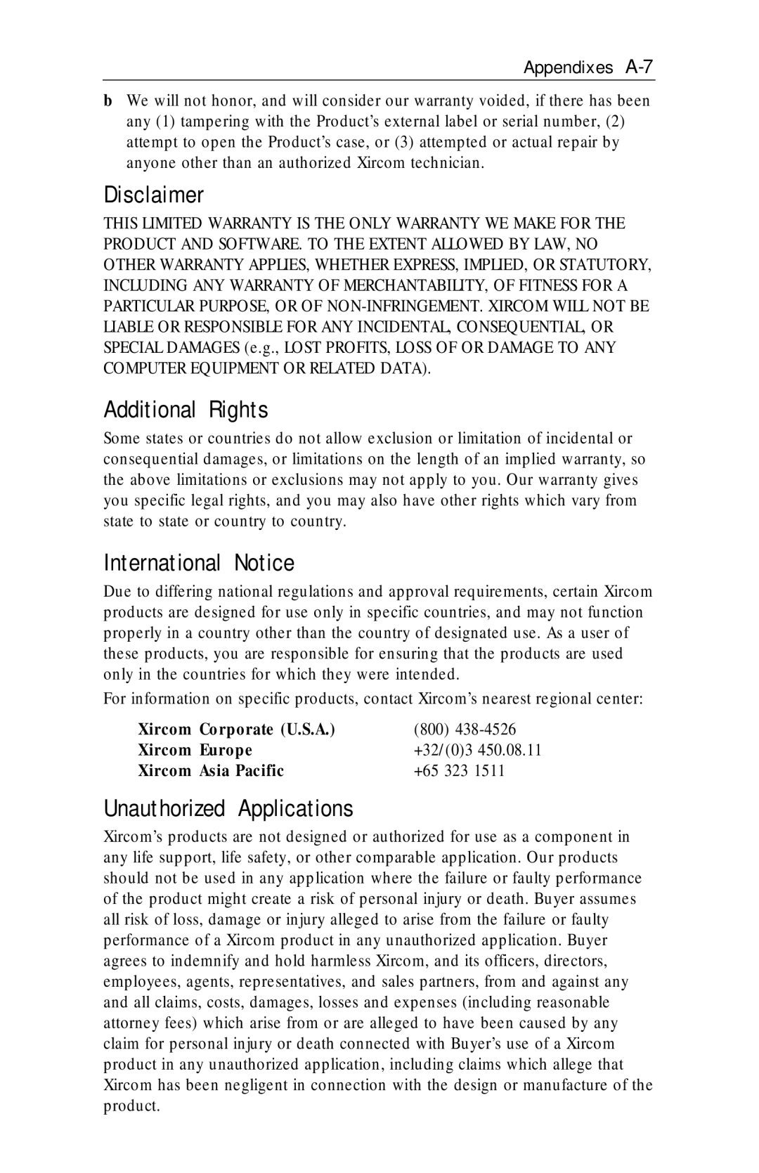 Xircom RM56V1 manual Disclaimer, Additional Rights, International Notice, Unauthorized Applications 