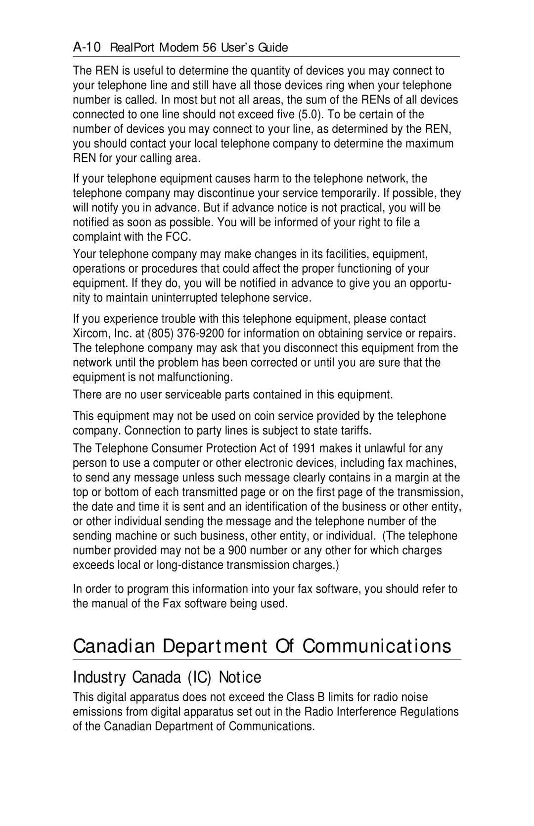 Xircom RM56V1 manual Canadian Department Of Communications, Industry Canada IC Notice 