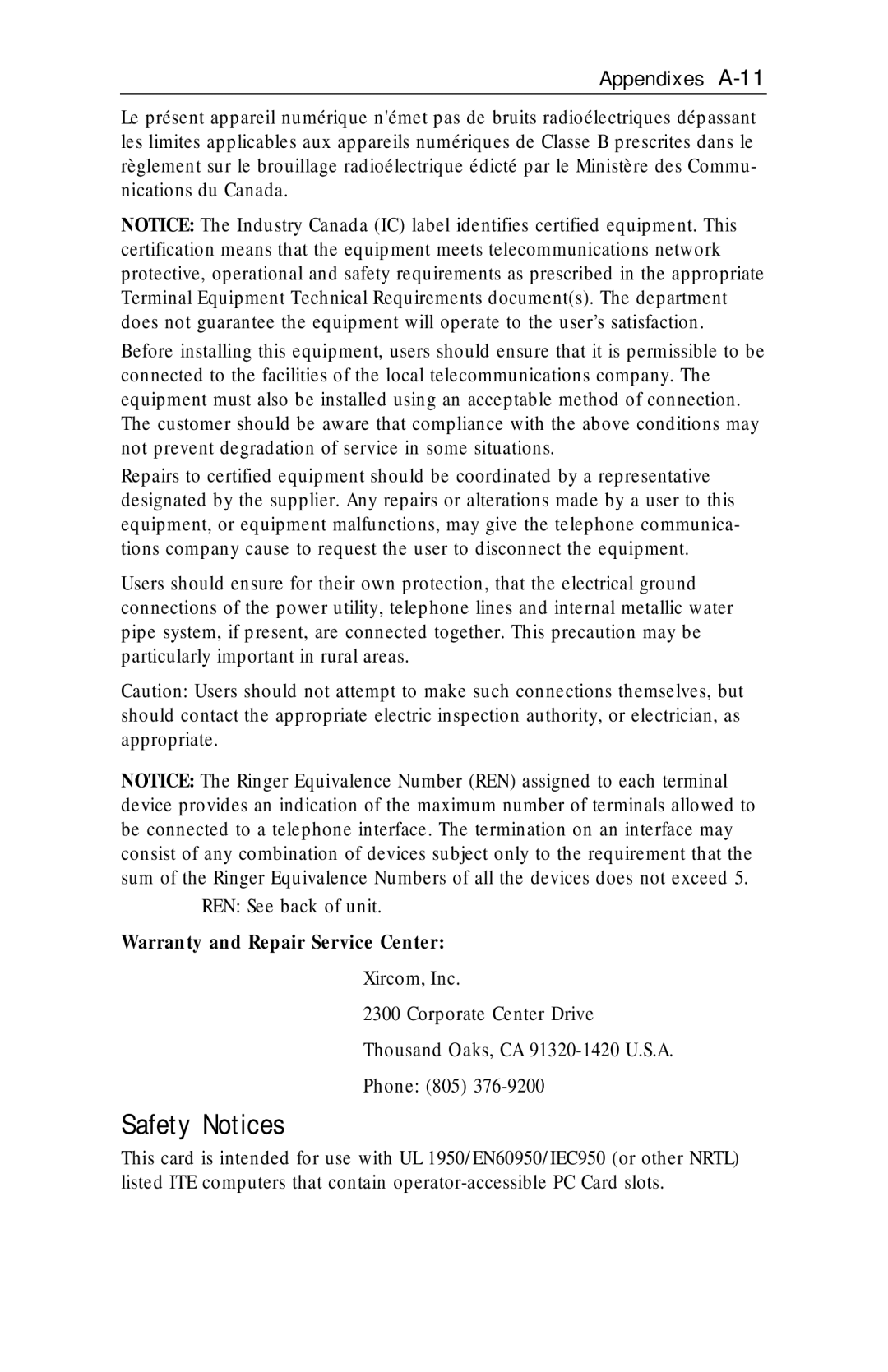 Xircom RM56V1 manual Safety Notices 