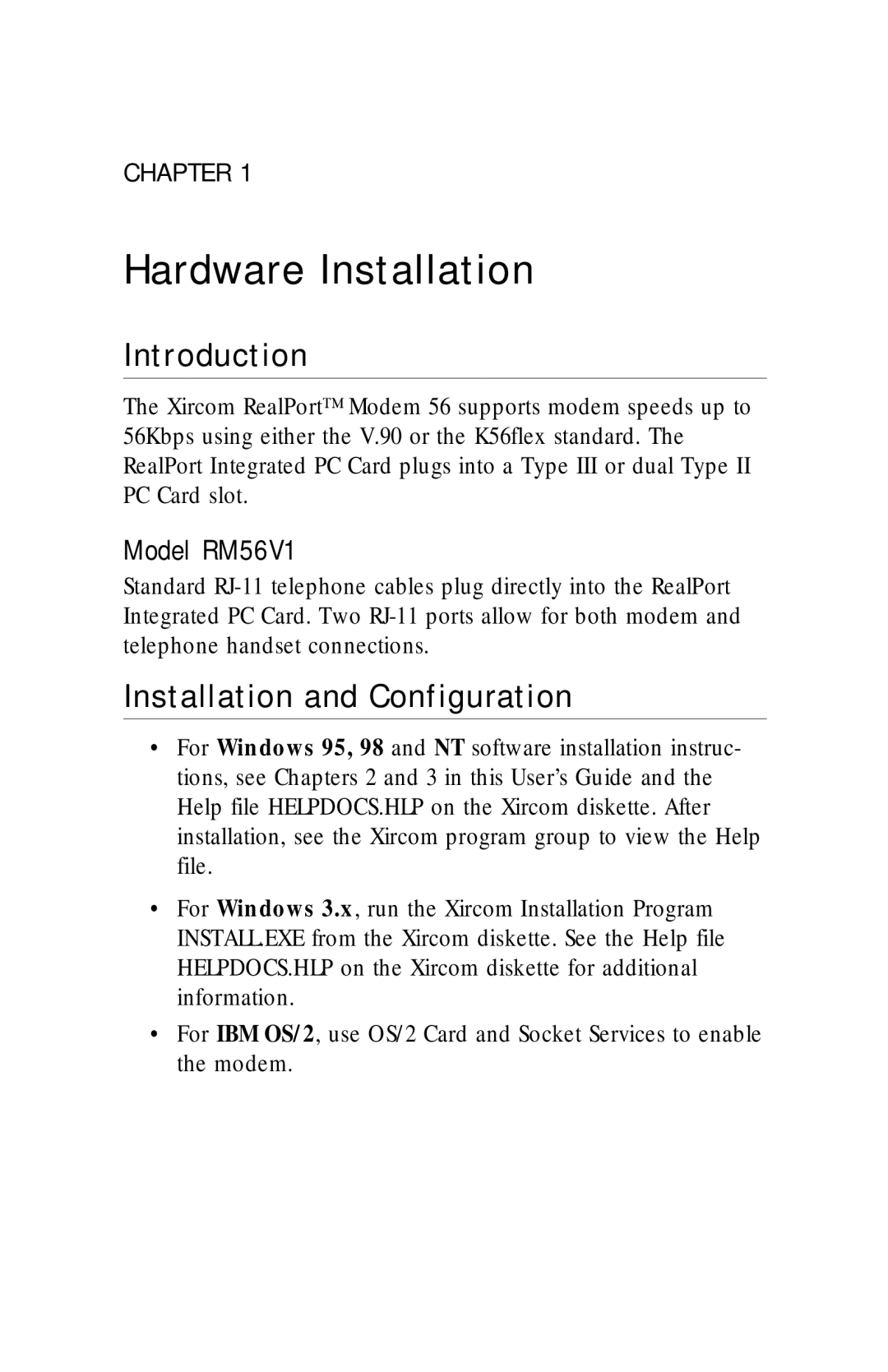 Xircom manual Hardware Installation, Introduction, Installation and Configuration, Model RM56V1 