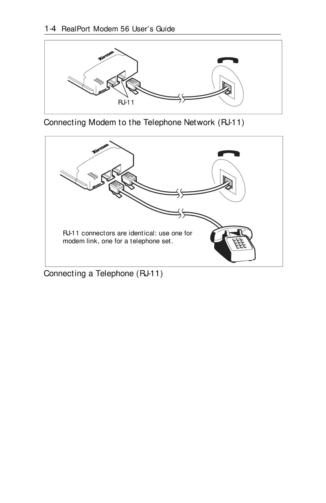 Xircom RM56V1 manual Connecting Modem to the Telephone Network RJ-11 