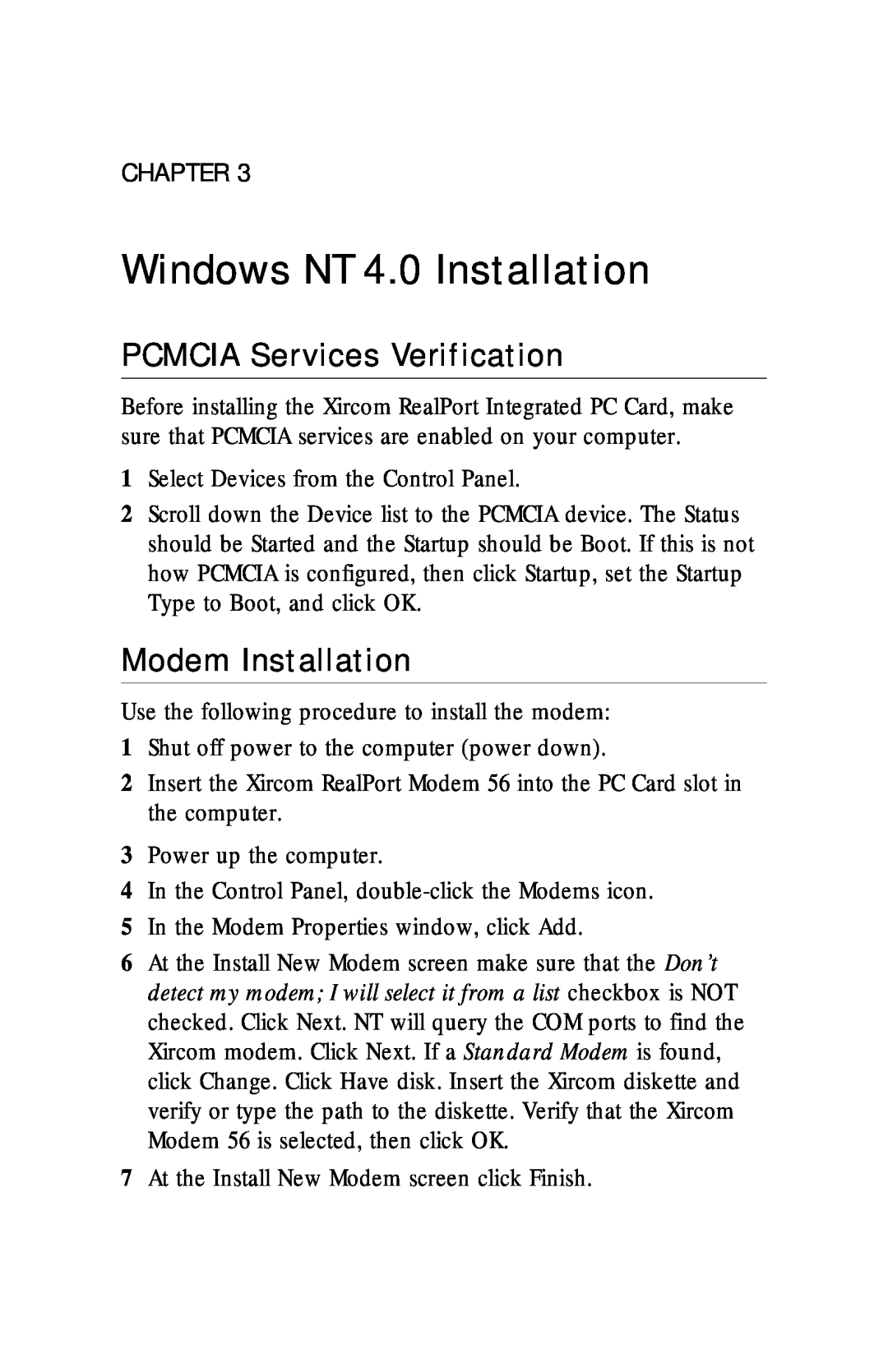 Xircom RM56V1 manual Windows NT 4.0 Installation, PCMCIA Services Verification, Modem Installation 