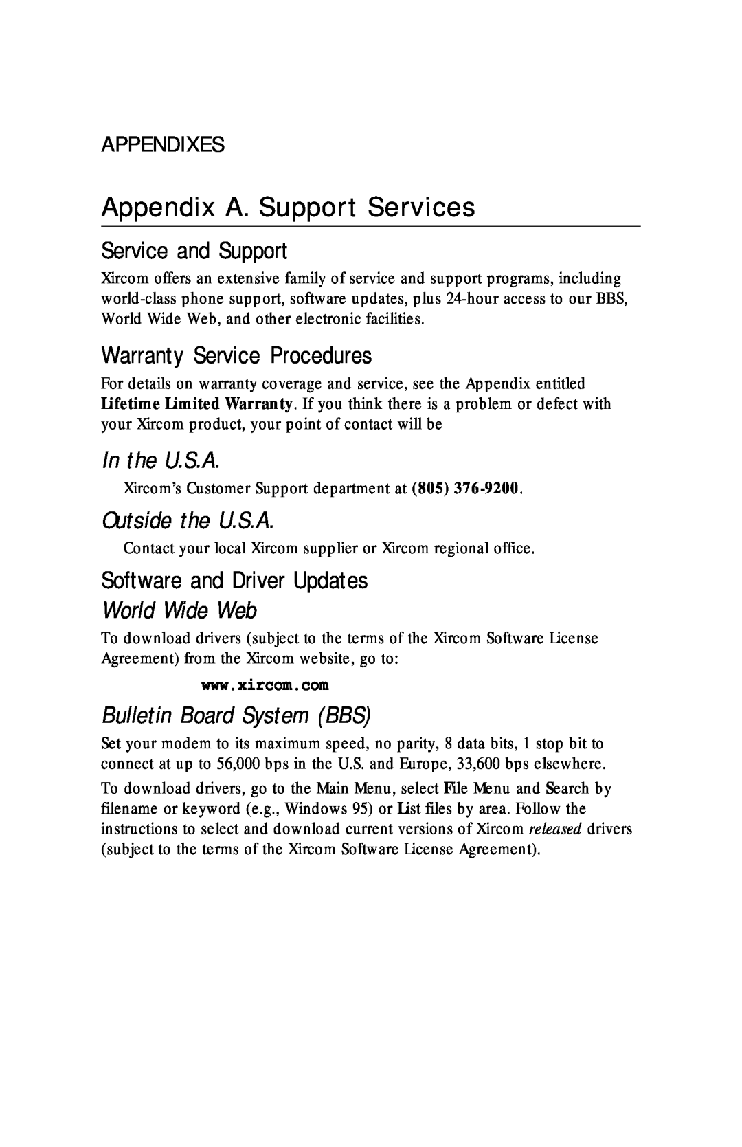 Xircom RM56V1 Appendix A. Support Services, Service and Support, Warranty Service Procedures, In the U.S.A, World Wide Web 