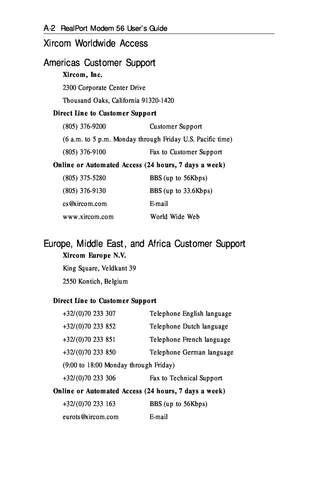 Xircom RM56V1 manual Xircom Worldwide Access Americas Customer Support, Europe, Middle East, and Africa Customer Support 