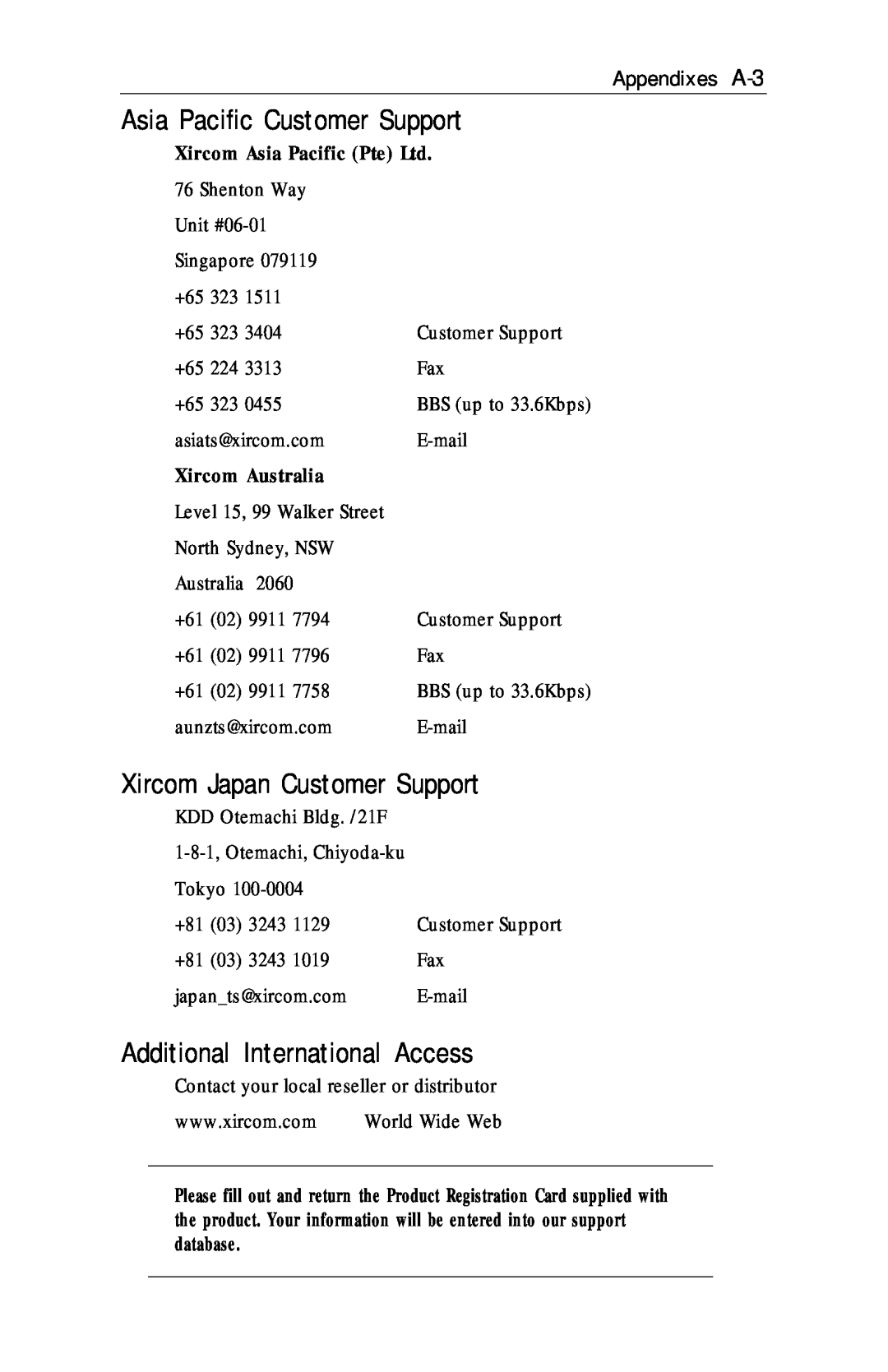 Xircom RM56V1 manual Asia Pacific Customer Support, Xircom Japan Customer Support, Additional International Access 