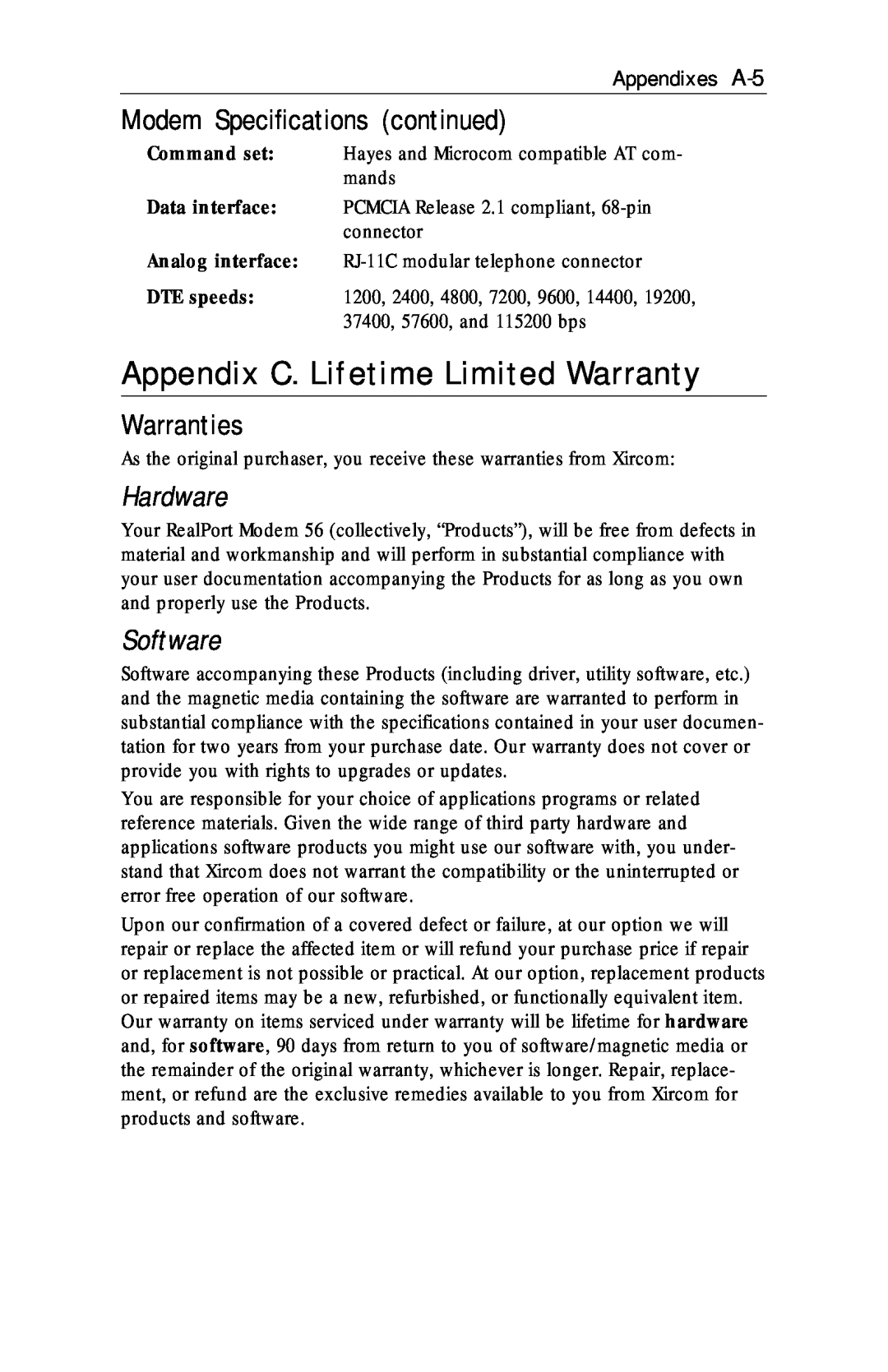 Xircom RM56V1 manual Appendix C. Lifetime Limited Warranty, Modem Specifications continued, Warranties, Hardware, Software 