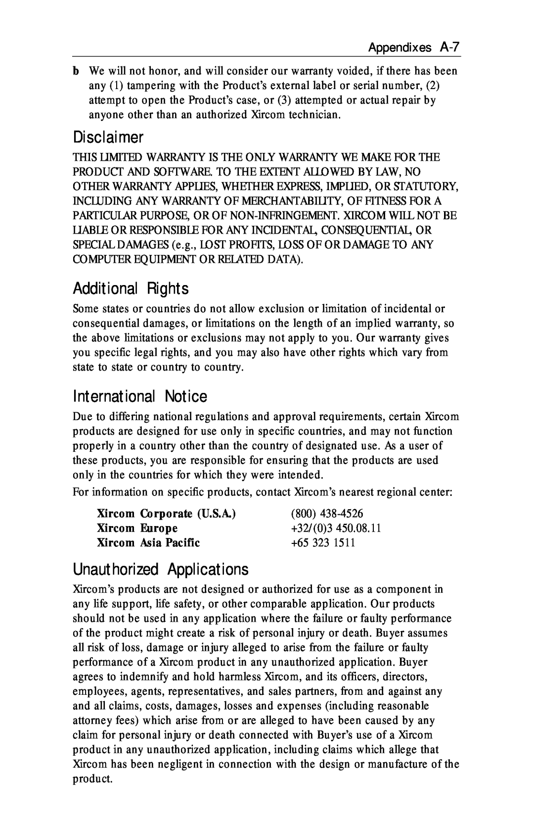 Xircom RM56V1 Disclaimer, Additional Rights, International Notice, Unauthorized Applications, Xircom Corporate U.S.A, +65 