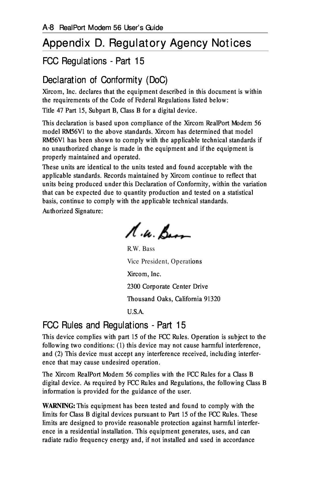 Xircom RM56V1 manual Appendix D. Regulatory Agency Notices, FCC Regulations - Part Declaration of Conformity DoC 