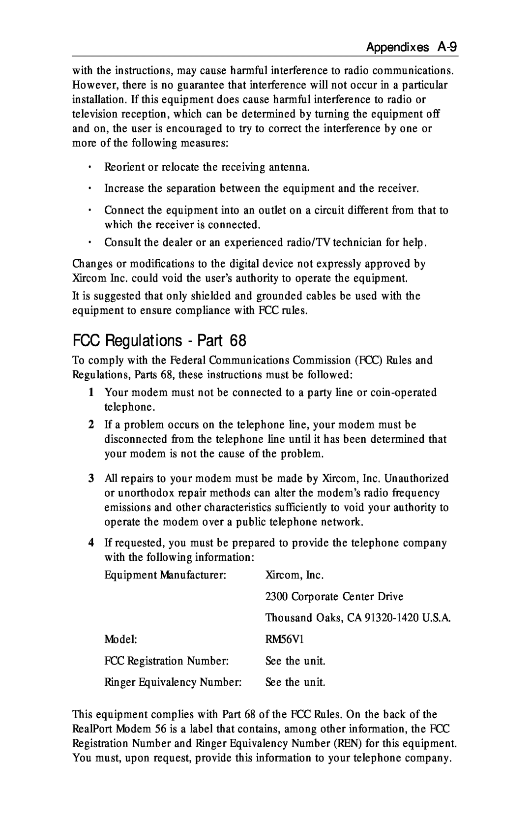 Xircom RM56V1 manual FCC Regulations - Part, Appendixes A-9 