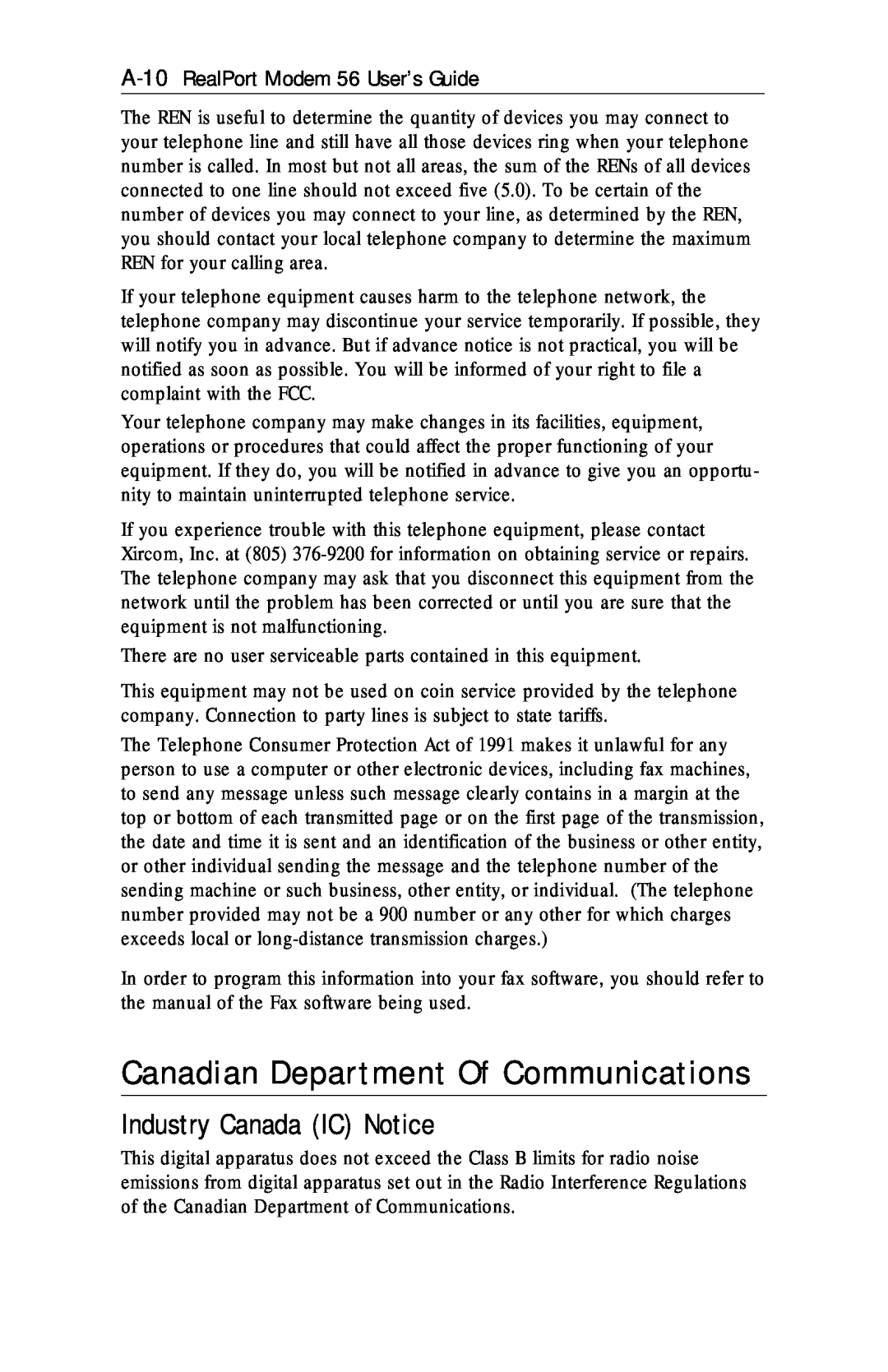 Xircom RM56V1 manual Canadian Department Of Communications, Industry Canada IC Notice 