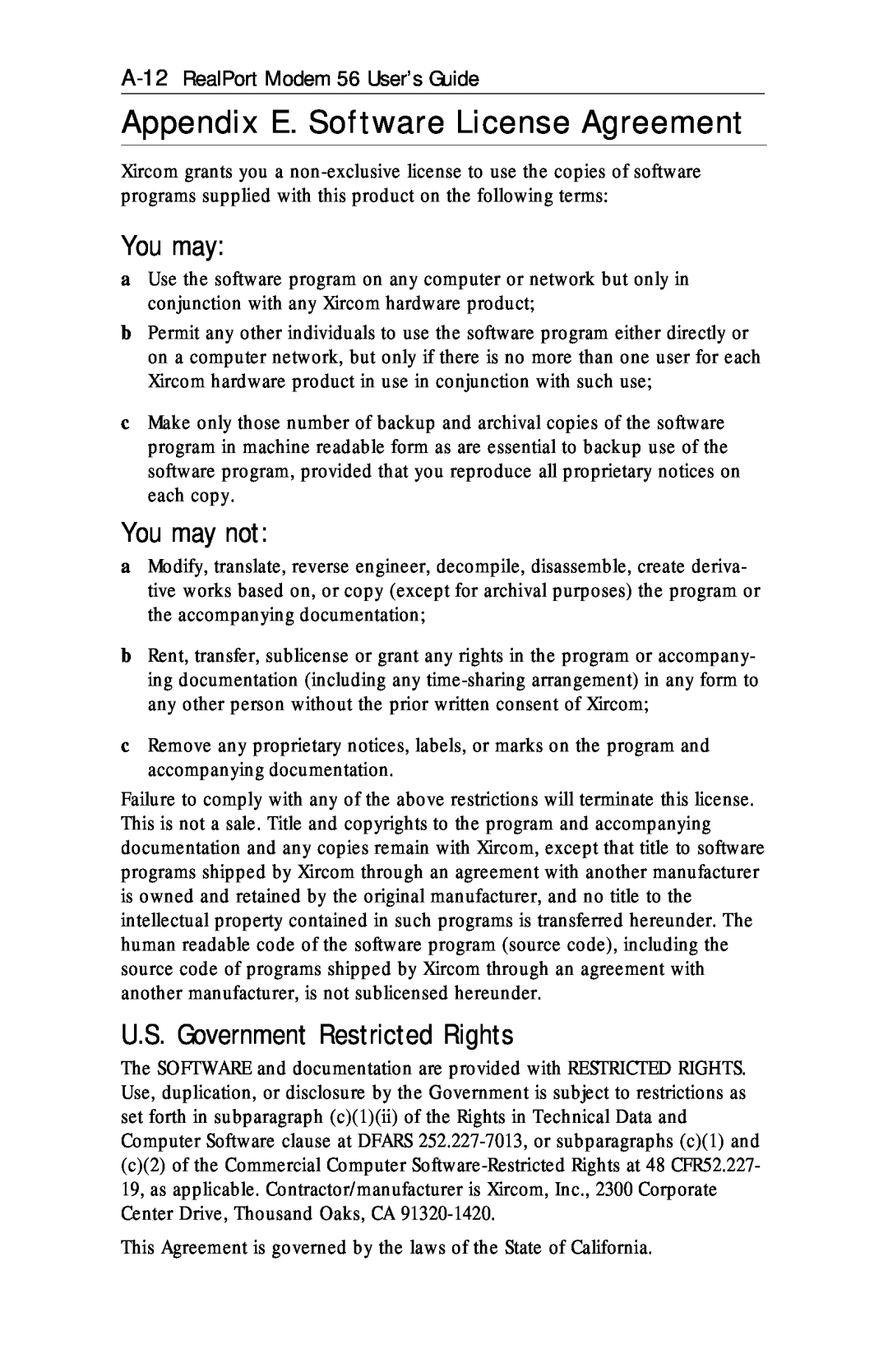 Xircom RM56V1 manual Appendix E. Software License Agreement, You may not, U.S. Government Restricted Rights 