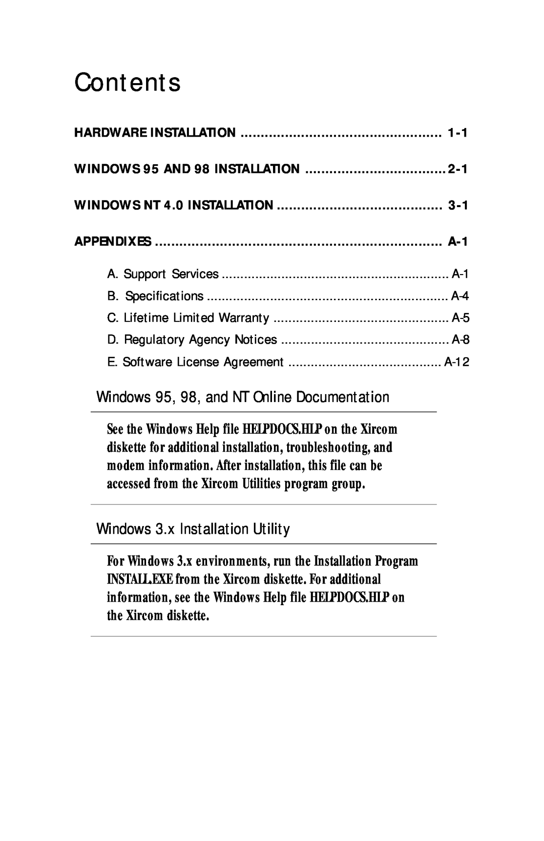 Xircom RM56V1 Windows 95, 98, and NT Online Documentation, Windows 3.x Installation Utility, Table of Contents, A-12 