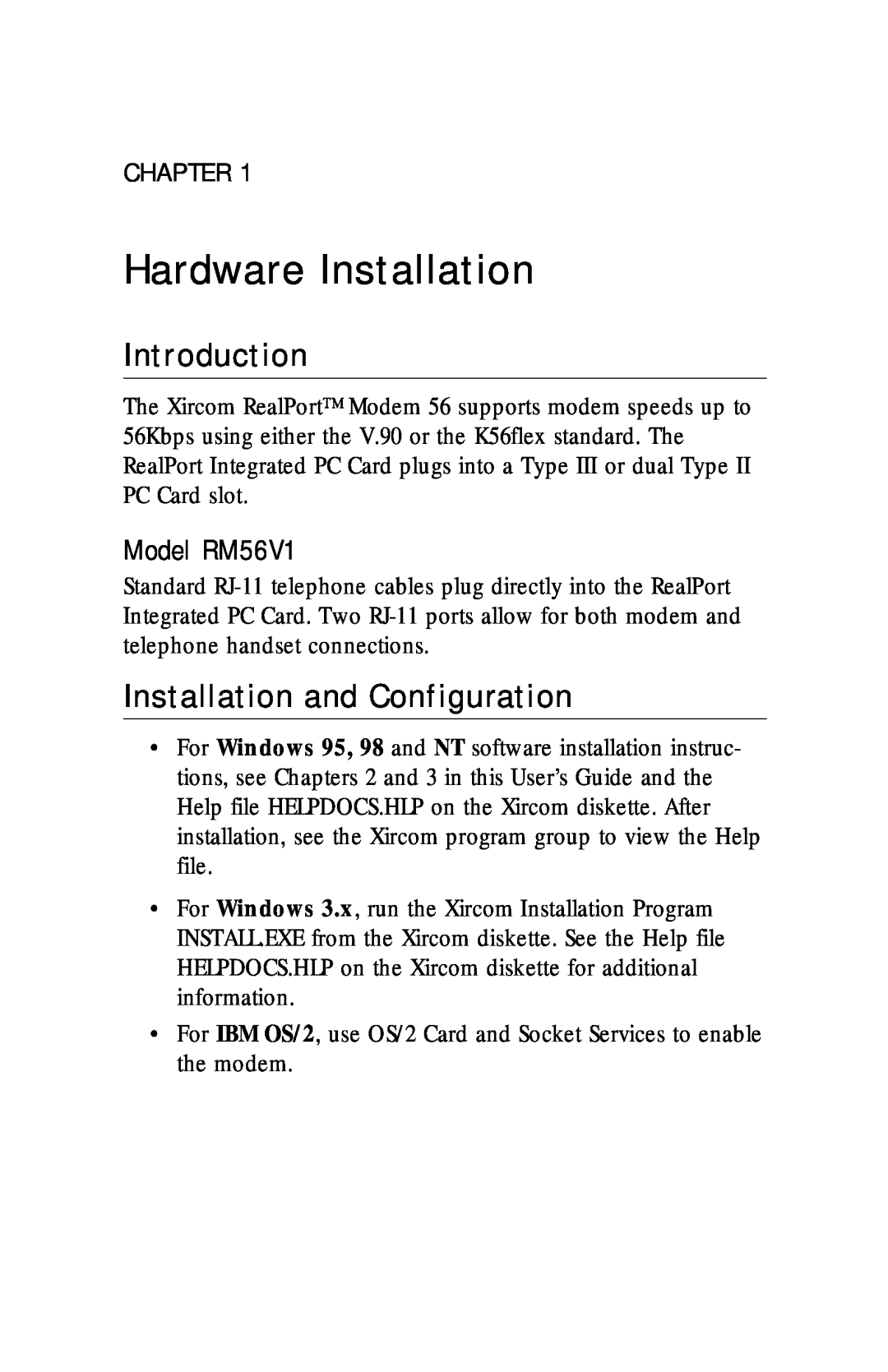 Xircom manual Hardware Installation, Introduction, Installation and Configuration, Model RM56V1 