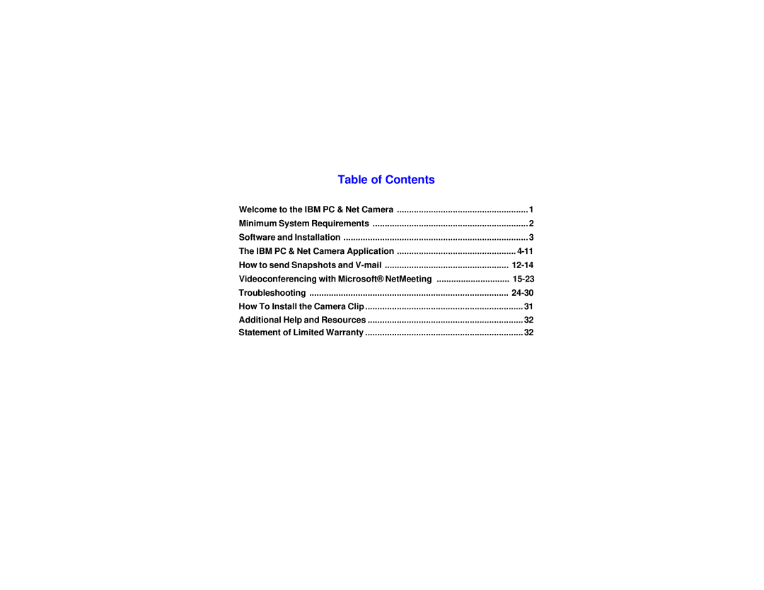 Xirlink IBM PC & Net Camera manual Table of Contents 