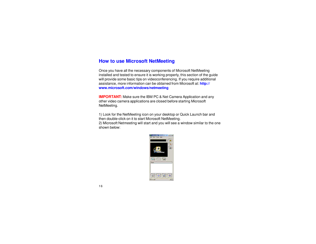 Xirlink IBM PC & Net Camera manual How to use Microsoft NetMeeting 