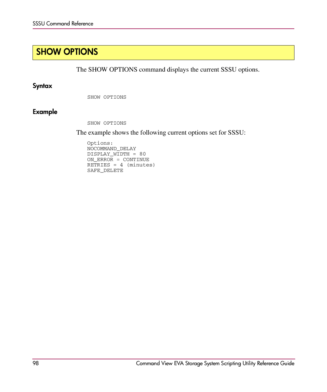 XM Satellite Radio AA-RU5HC-TE manual Show Options, Example shows the following current options set for Sssu 