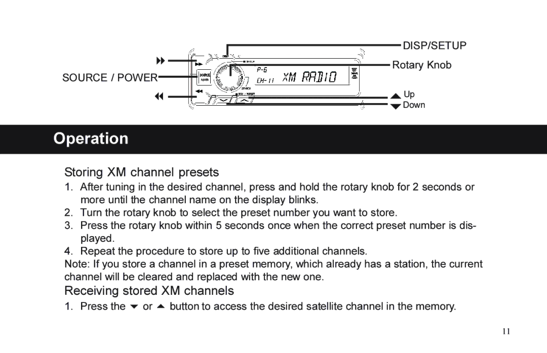 XM Satellite Radio P/N 08A15-1E1-000 manual Storing XM channel presets, Receiving stored XM channels 