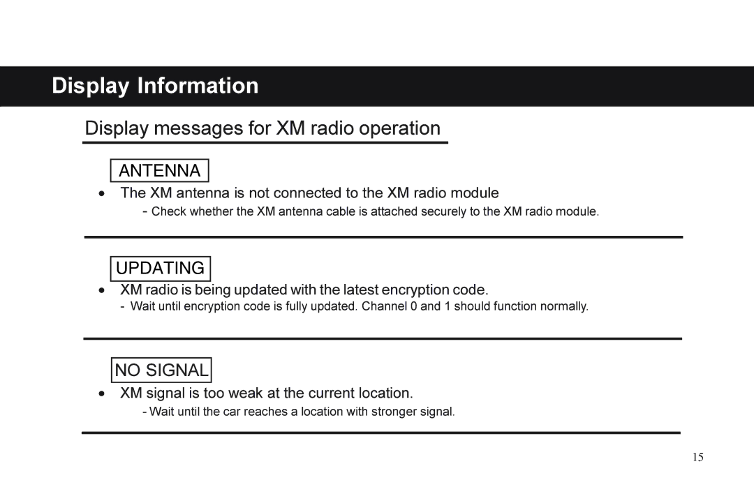 XM Satellite Radio P/N 08A15-1E1-000 manual Display Information, Display messages for XM radio operation 