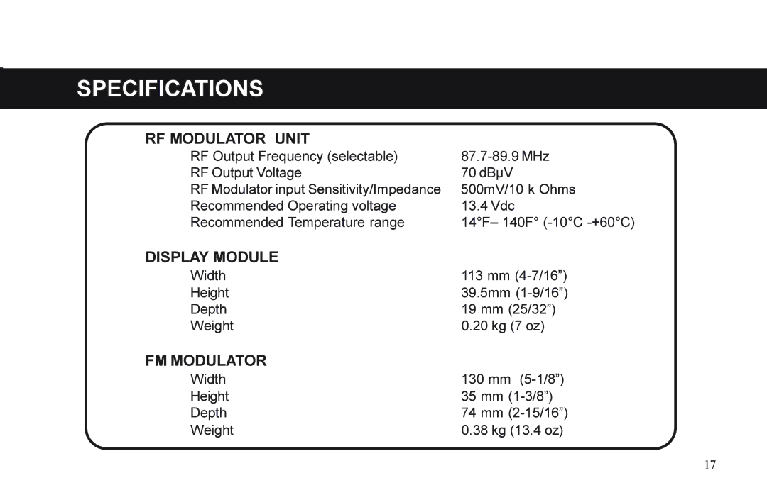 XM Satellite Radio P/N 08A15-1E1-000 manual Specifications 