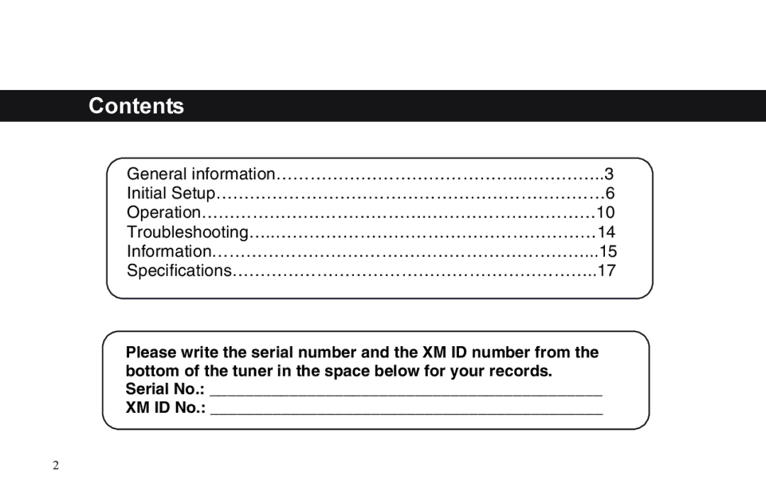 XM Satellite Radio P/N 08A15-1E1-000 manual Contents 