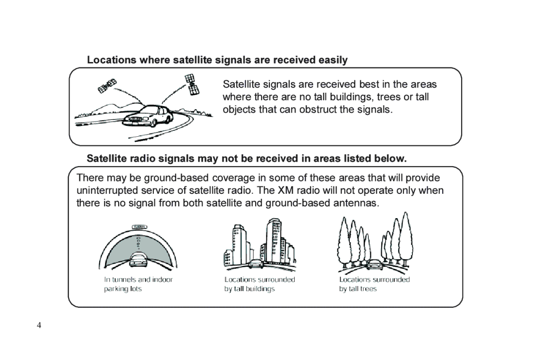 XM Satellite Radio P/N 08A15-1E1-000 manual Locations where satellite signals are received easily 