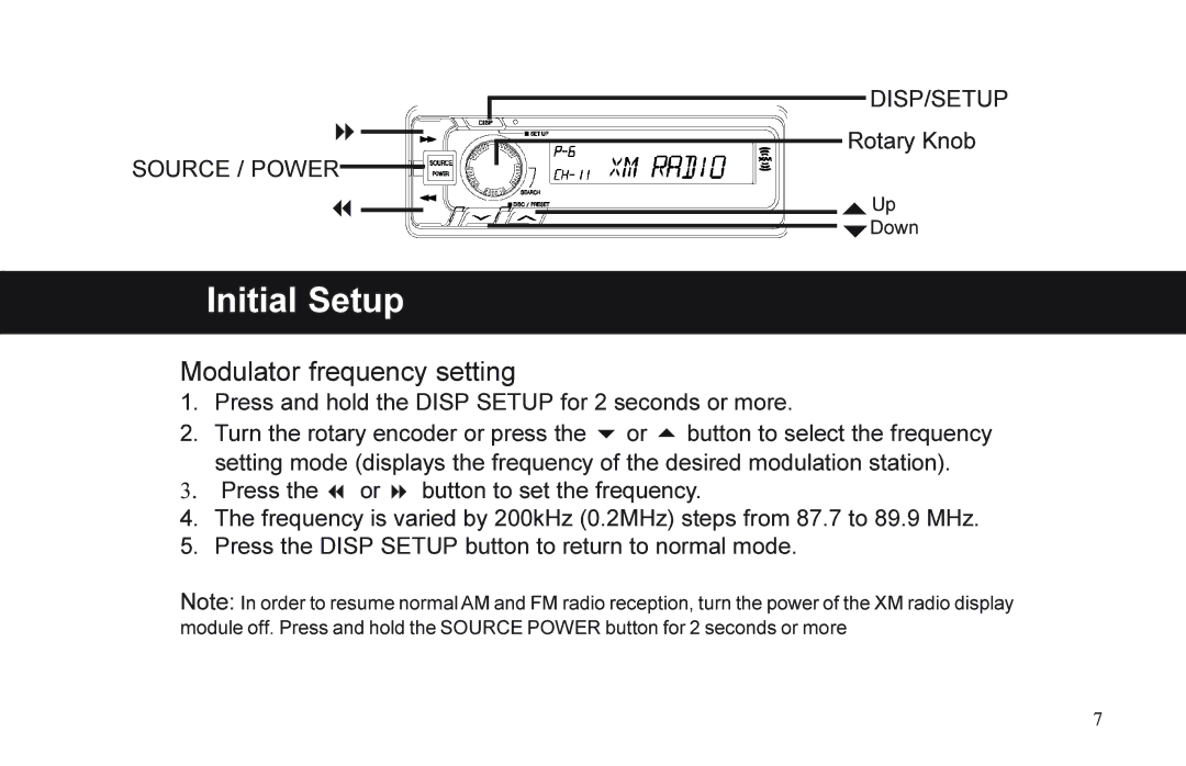 XM Satellite Radio P/N 08A15-1E1-000 manual Modulator frequency setting 