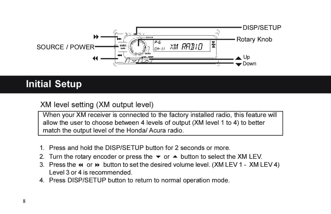 XM Satellite Radio P/N 08A15-1E1-000 manual XM level setting XM output level 