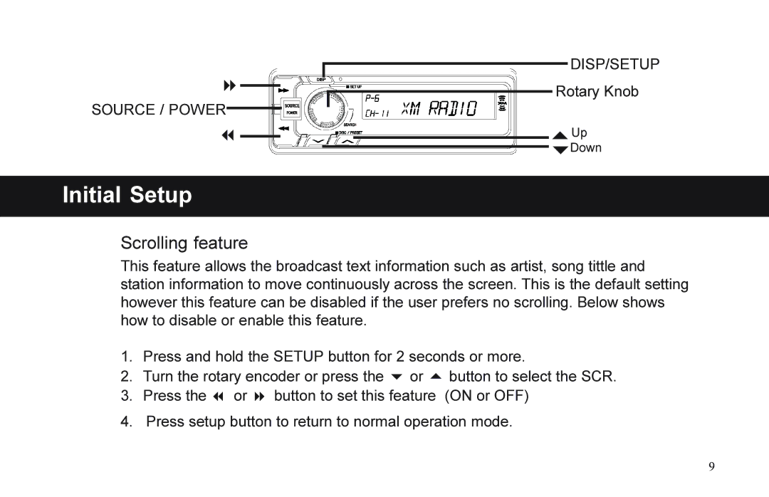 XM Satellite Radio P/N 08A15-1E1-000 manual Scrolling feature 