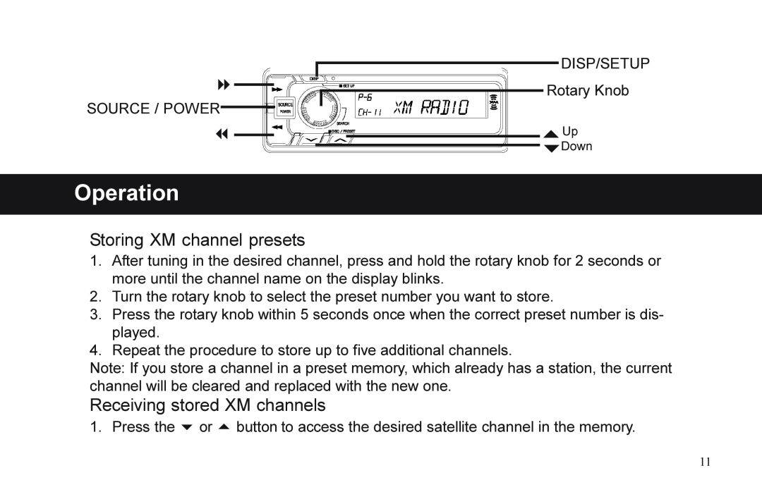 XM Satellite Radio P/N 08A15-1E1-000 manual Storing XM channel presets, Receiving stored XM channels, Operation 