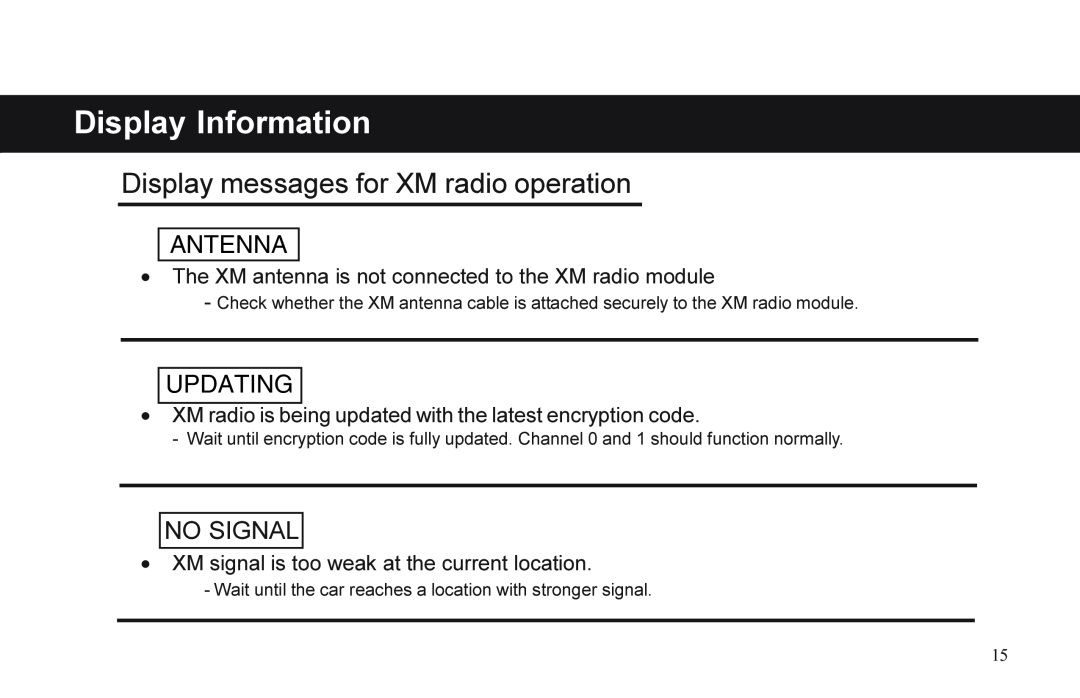 XM Satellite Radio P/N 08A15-1E1-000 manual Display Information, Display messages for XM radio operation, Antenna, Updating 