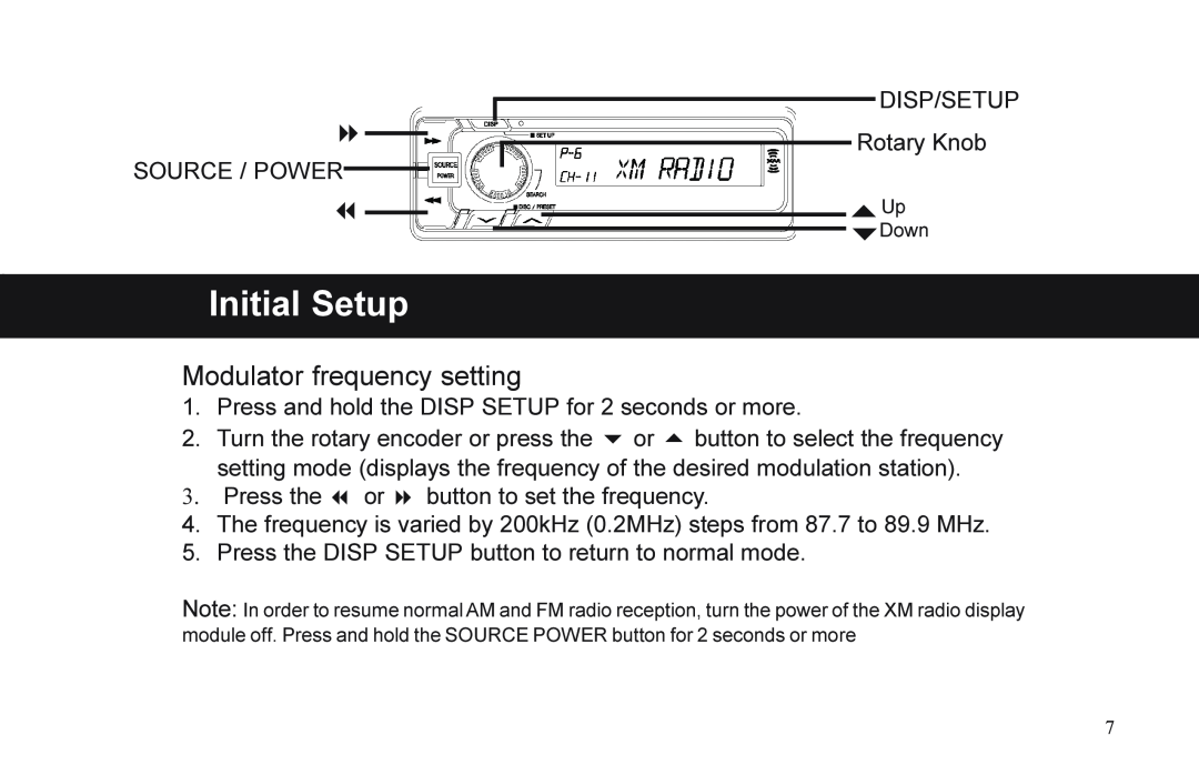 XM Satellite Radio P/N 08A15-1E1-000 manual Modulator frequency setting, Initial Setup 