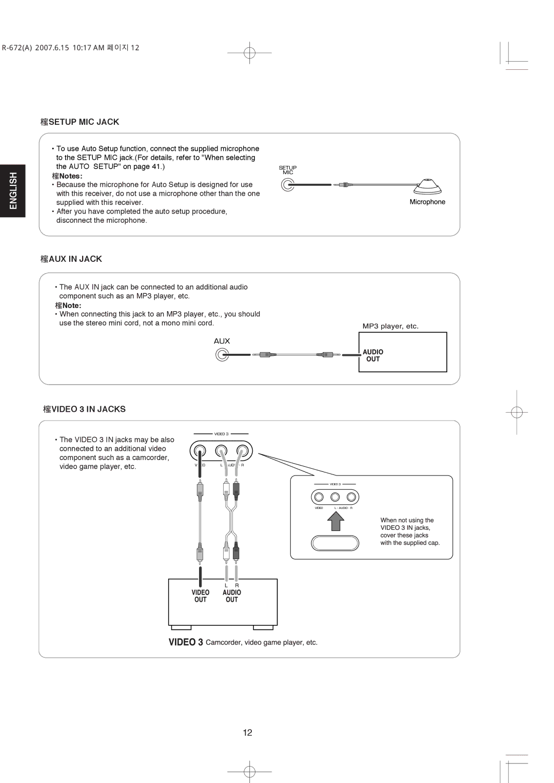 XM Satellite Radio R-672 manual Setup MIC Jack, AUX in Jack, Video 3 in Jacks 