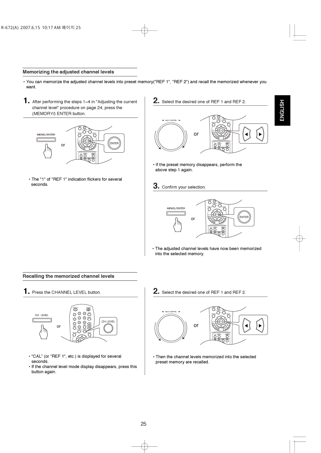 XM Satellite Radio R-672 manual Memorizing the adjusted channel levels, Recalling the memorized channel levels 