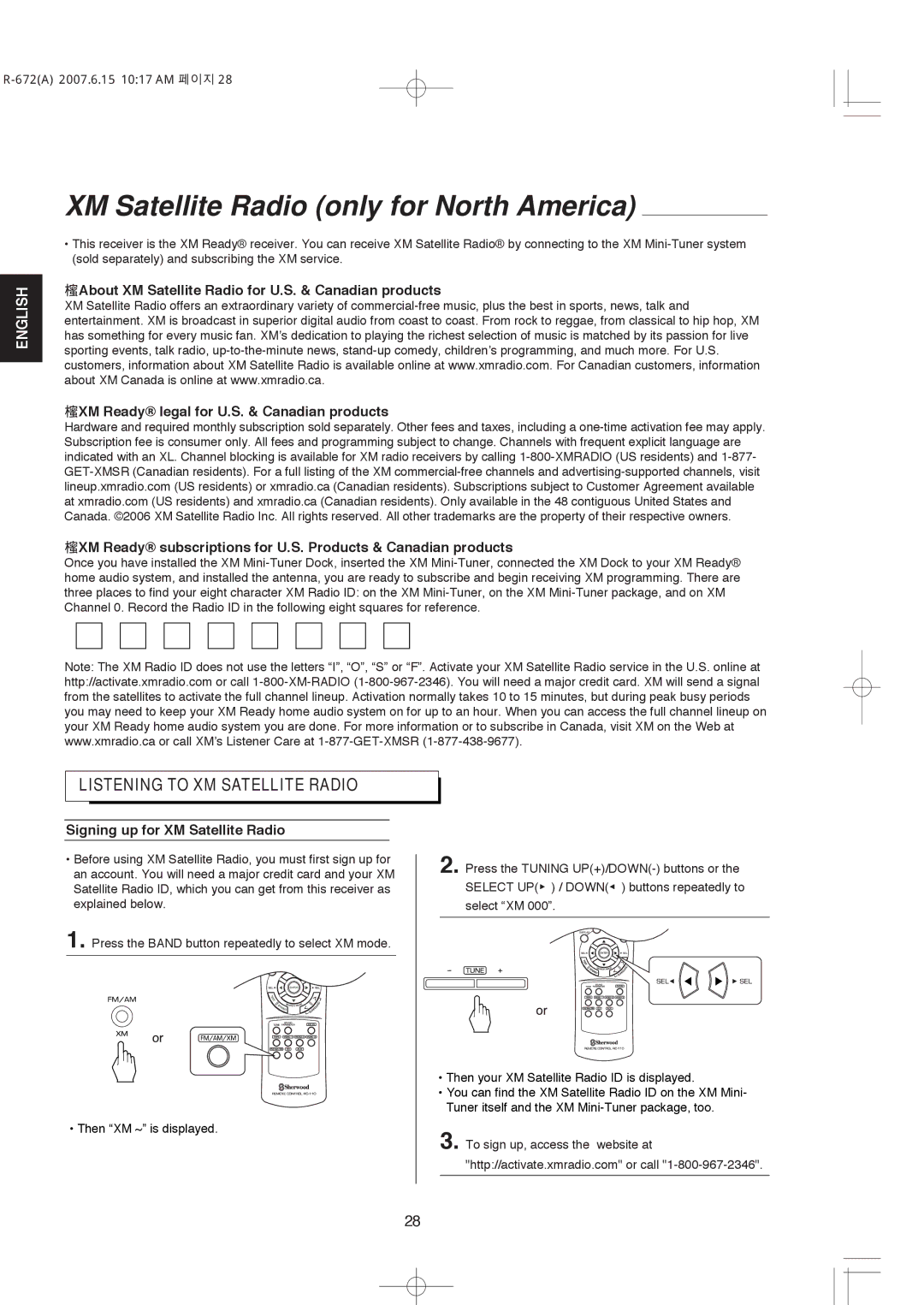 XM Satellite Radio R-672 manual XM Satellite Radio only for North America, Signing up for XM Satellite Radio 