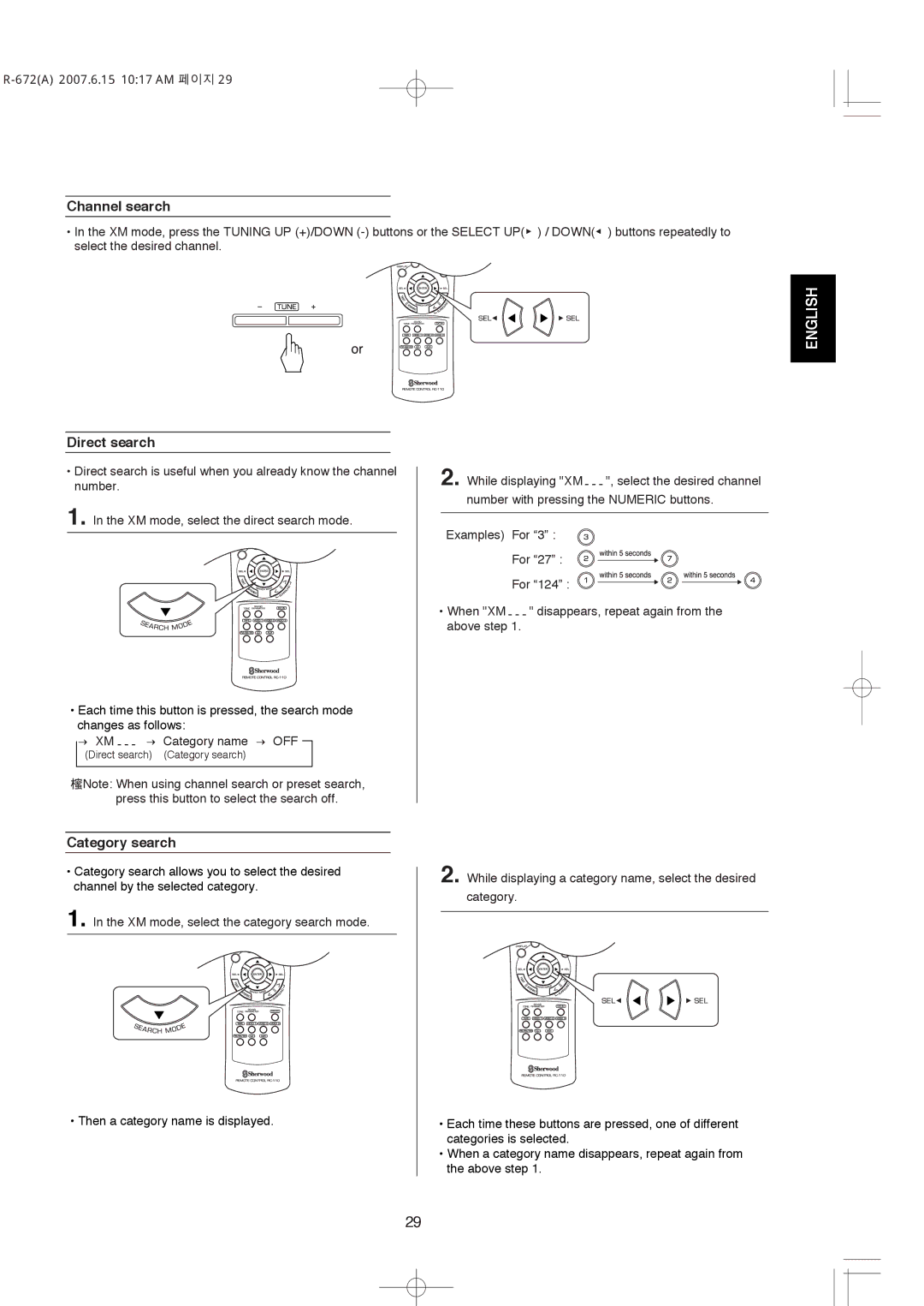 XM Satellite Radio R-672 manual Channel search, Direct search, Category search 