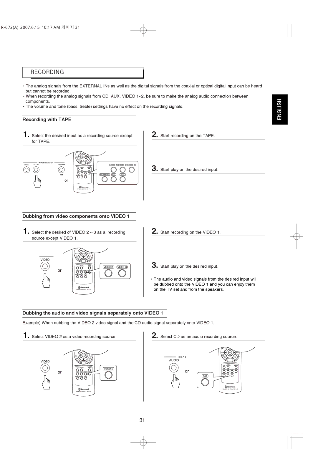 XM Satellite Radio R-672 manual Recording with Tape, Dubbing from video components onto Video 