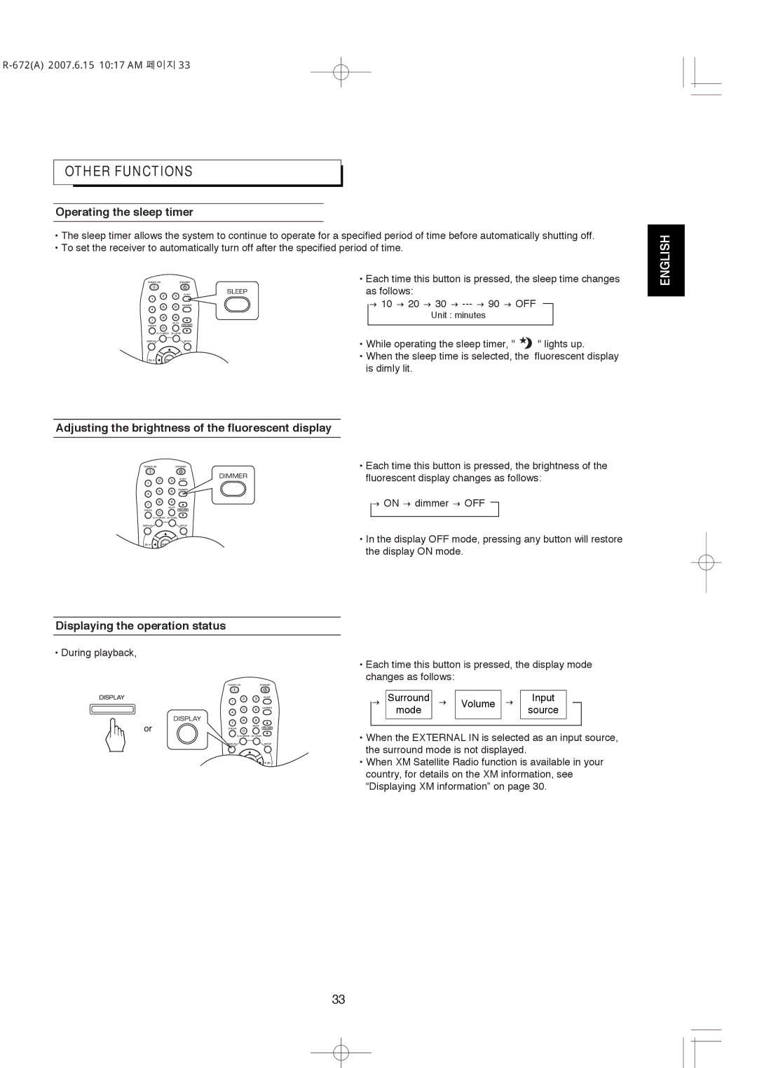 XM Satellite Radio R-672 Other Functions, Operating the sleep timer, Adjusting the brightness of the fluorescent display 