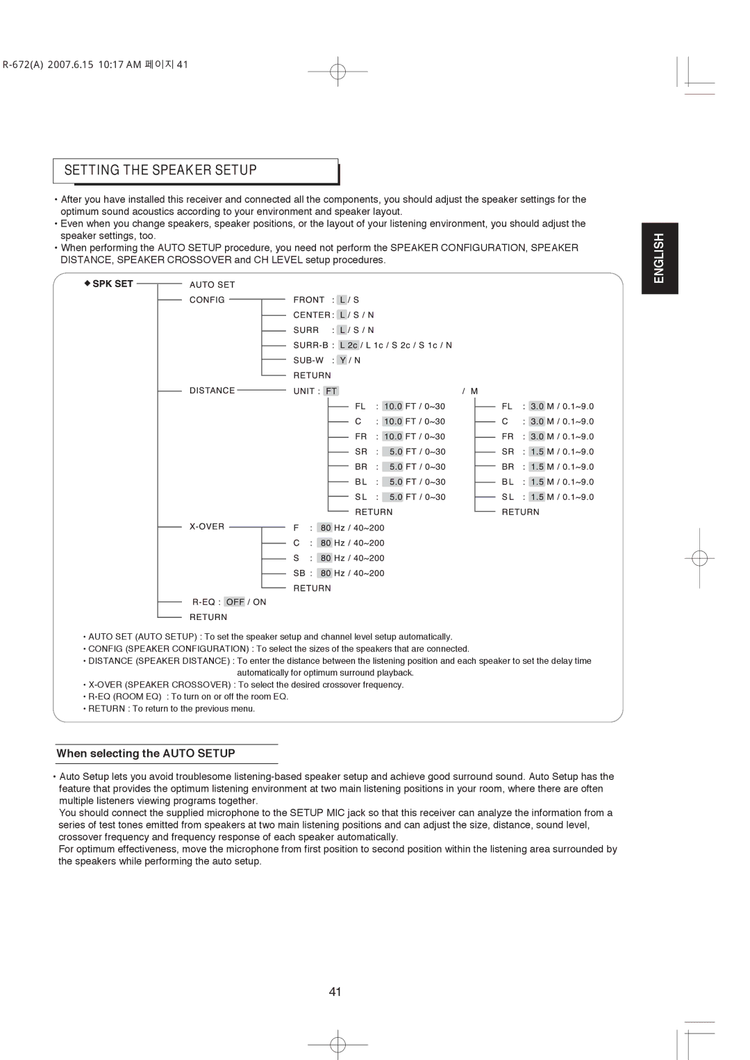 XM Satellite Radio R-672 manual Setting the Speaker Setup, When selecting the Auto Setup 