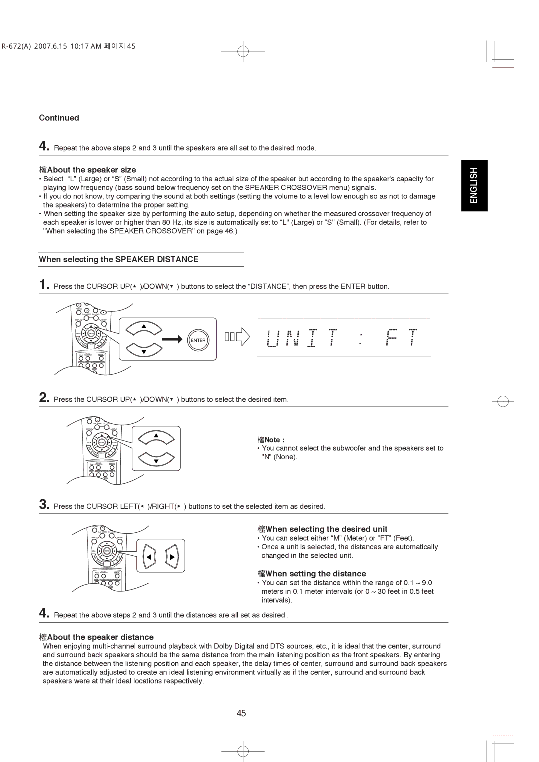 XM Satellite Radio R-672 About the speaker size, When selecting the Speaker Distance, When selecting the desired unit 