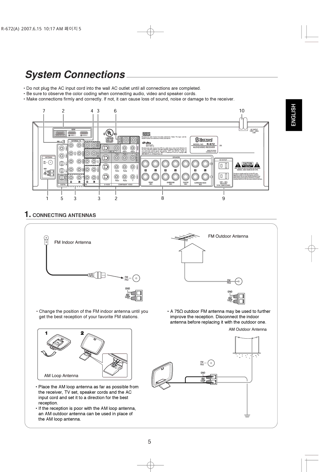 XM Satellite Radio R-672 manual System Connections, Connecting Antennas 