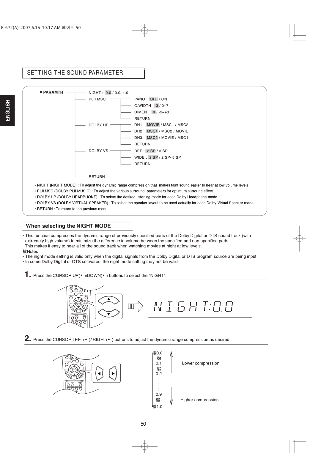 XM Satellite Radio R-672 manual Setting the Sound Parameter, When selecting the Night Mode 