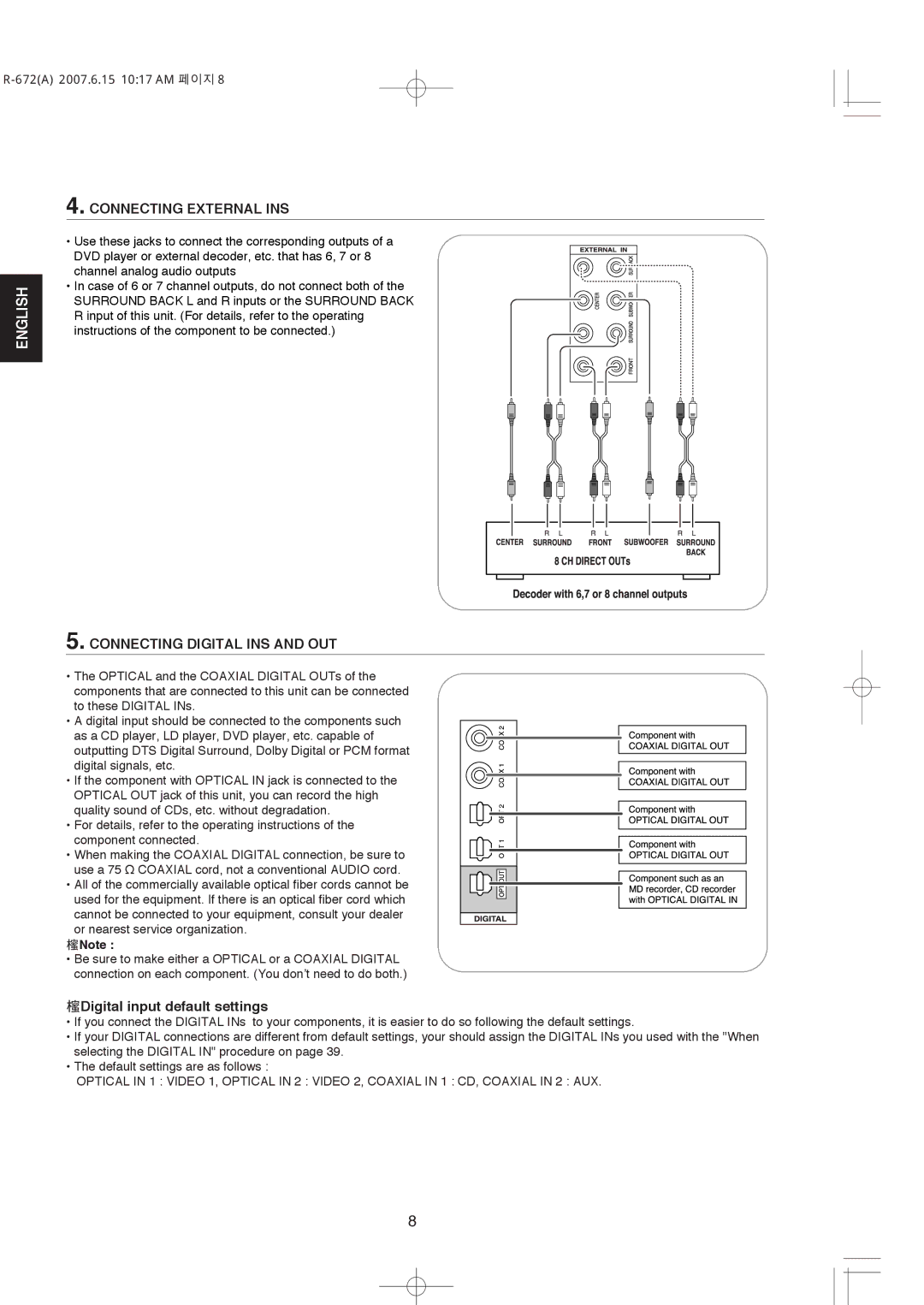 XM Satellite Radio R-672 manual Connecting External INS, Connecting Digital INS and OUT, Digital input default settings 