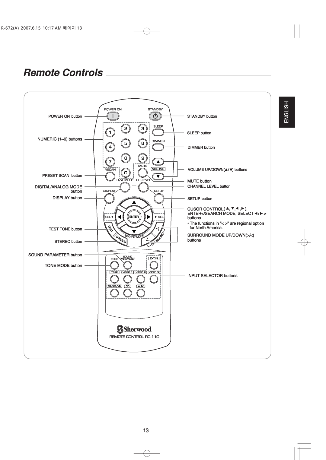 XM Satellite Radio manual Remote Controls, English, R-672A2007.6.15 10 17 AM 페이지 