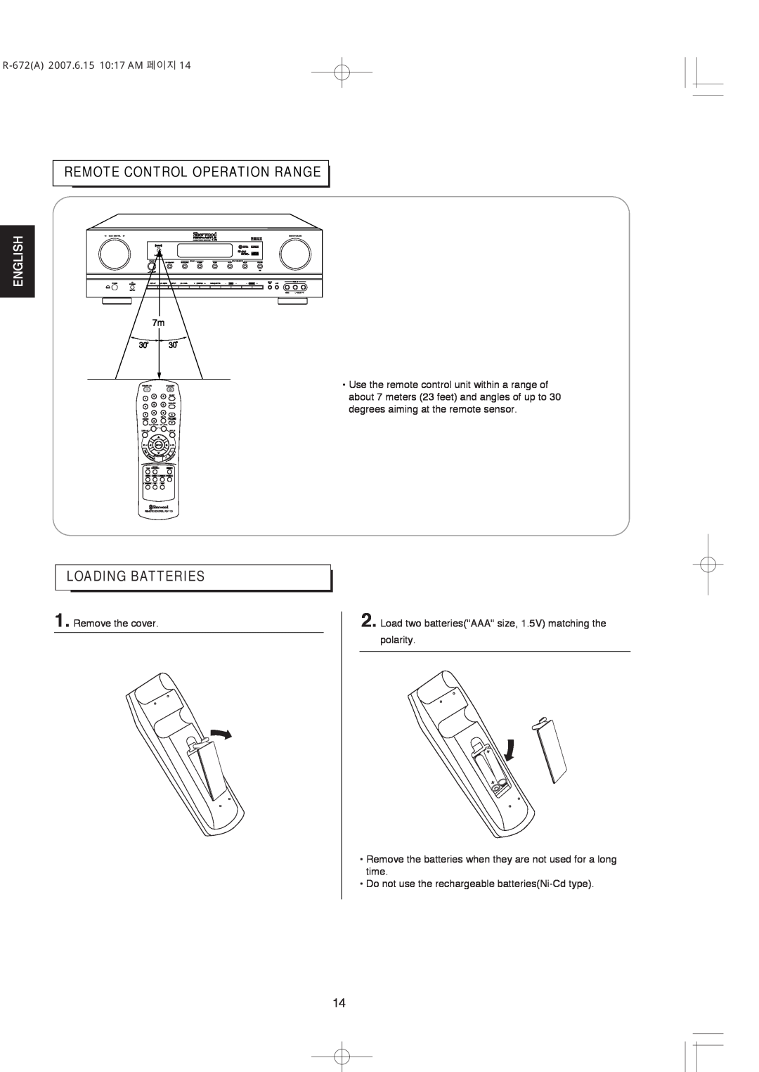 XM Satellite Radio manual Loading Batteries, Remote Control Operation Range, English, R-672A2007.6.15 10 17 AM 페이지 