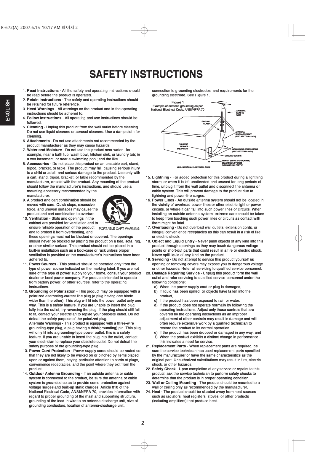 XM Satellite Radio manual English, R-672A2007.6.15 10 17 AM 페이지, Safety Instructions 